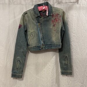 Akademiks Denim Jacket with Pink Embroidery and Graphics